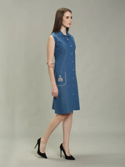 Denim Pocket Embroidered Shirt Collar One Piecs
