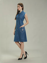 Denim Pocket Embroidered Shirt Collar One Piecs