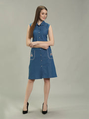 Denim Pocket Embroidered Shirt Collar One Piecs