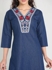 Denim Red flower Embroidered Kurta
