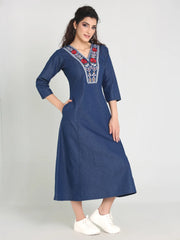 Denim Red flower Embroidered Kurta