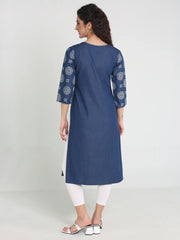 Denim Printed Embroidered Kurta with Patti