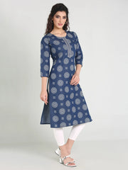 Denim Printed Embroidered Kurta with Patti