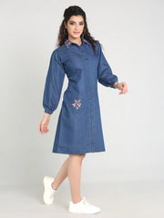 Denim Collar Pocket Embroidered Shirt Collar One Piecs
