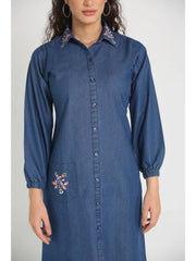 Denim Collar Pocket Embroidered Shirt Collar One Piecs