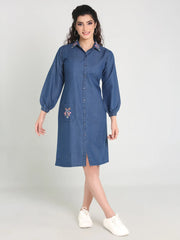 Denim Collar Pocket Embroidered Shirt Collar One Piecs