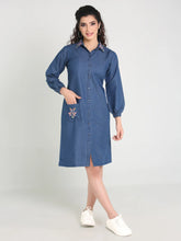 Denim Collar Pocket Embroidered Shirt Collar One Piecs