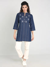 Denim Embroidered Mandarine Collar Kurti