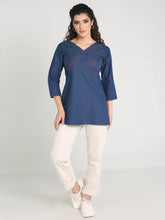 Denim Embroidered Kantha work V Neck Style Kurti