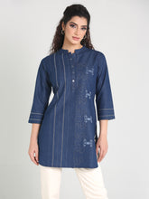 Denim Embroidered Mandarine Collar kurta Patti Kurti