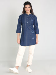 Denim Embroidered Mandarine Collar kurta Patti Kurti