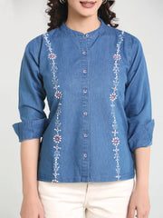 Denim Shirt Mandarine Collar Side Embroidered