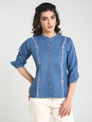 Denim Shirt Mandarine Collar Side Embroidered