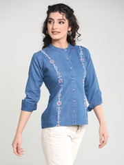 Denim Shirt Mandarine Collar Side Embroidered
