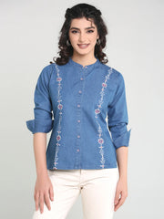 Denim Shirt Mandarine Collar Side Embroidered