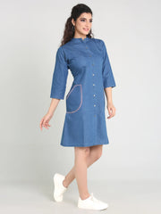 Denim Pocket Embroidered Mandarine Collar One Piecs