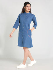 Denim Pocket Embroidered Mandarine Collar One Piecs