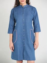 Denim Pocket Embroidered Mandarine Collar One Piecs