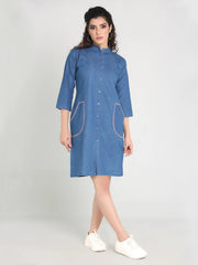 Denim Pocket Embroidered Mandarine Collar One Piecs