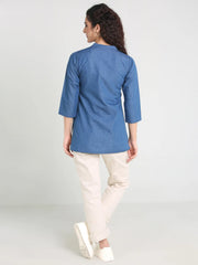 Denim Embroidered Mandarine Collar Kurti