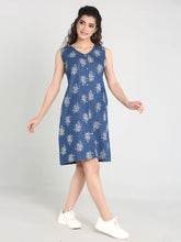 Denim Printed Sleevless V Neck One-piece Dress