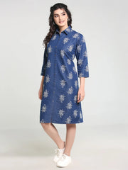 Denim Printed Shirt Collar One-piece Dress