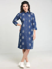 Denim Printed Shirt Collar One-piece Dress