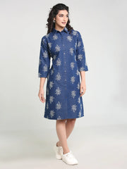 Denim Printed Shirt Collar One-piece Dress