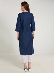 Denim Both Side Embroidered Branches Mandarin Collar Kurta