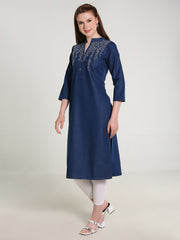 Denim Both Side Embroidered Branches Mandarin Collar Kurta