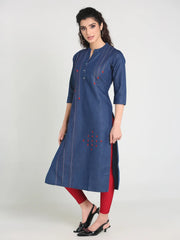 Denim Red Embroidered Kurta