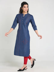 Denim Red Embroidered Kurta
