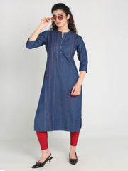 Denim Red Embroidered Kurta