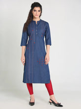 Denim Red Embroidered Kurta