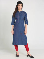 Denim Red Embroidered Kurta
