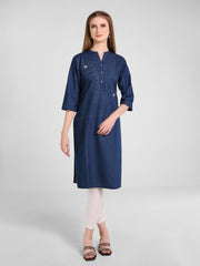 Denim Flwr Khata wrk Embroidered Mandarine Collar Kurta