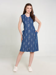 Denim Arrow Printed Sleeveless Both Side Pocket V Neck One Piece