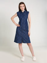 Denim Arrow Printed Sleeveless Both Side Pocket Shirt Collar One Piece
