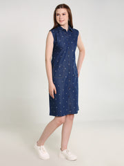 Denim Arrow Printed Sleeveless Both Side Pocket Shirt Collar One Piece