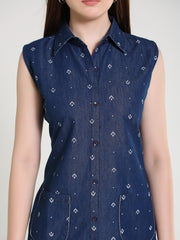 Denim Arrow Printed Sleeveless Both Side Pocket Shirt Collar One Piece