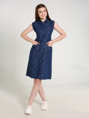 Denim Arrow Printed Sleeveless Both Side Pocket Shirt Collar One Piece