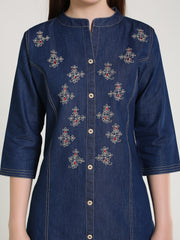 Denim Fawn Clr Butta Embroidered Mandraine Collar Kurta