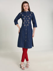 Denim Fawn Clr Butta Embroidered Mandraine Collar Kurta