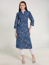 Denim allover Leaf Printed Mandarine Collar Kurta