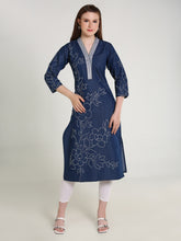 Denim Hi Neck Emb Neck Flwr Printed Kurta