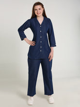 Denim Solid Coat Collar Co-ord Set