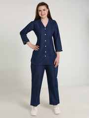 Denim Solid Coat Collar Co-ord Set