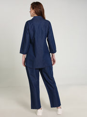 Denim Solid Coat Collar Co-ord Set