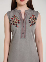 Grey Denim Both sides Embroidered Sleeveless Mandarine Collar Kurta