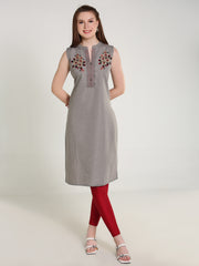 Grey Denim Both sides Embroidered Sleeveless Mandarine Collar Kurta